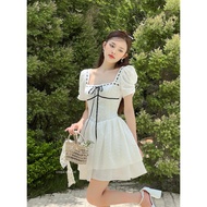 COQUI MARIE DRESS 2-tier floral embroidered white puff sleeve DRESS, square neck flared tiered DRESS