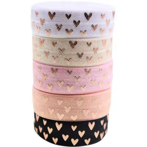 5/8"16mm Rose Gold Foil Hearts FOE Fold Over Elastic for Wedding Valentine Hair Bows Bracelet Craft 