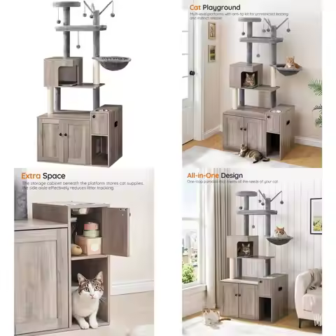 "68.9" high cat tower with litter box enclosure, food bowl, and storage"