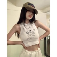 【.】 白色工字背心小吊带女外穿夏季猫咪印花修身露脐辣妹无袖上衣White I-shaped vest, small camisole, women's outdoor wear, summer ca
