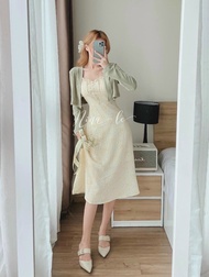 [Voucher 50k Freeship Max 0 đồng toàn quốc] Đầm midi hoa nhí hai dây kèm áo khoác nhẹ thun gân mặc đ