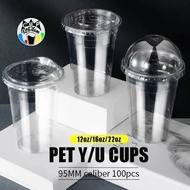 NEW [100pcs]95mm Plastic Milk Tea Y/U Cup (12oz, 16oz, 22oz) With Flat/Dome/Strapless Lids