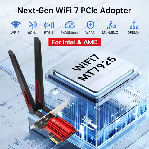 WiFi 7 BE5400 PCIe WiFi Card MT7925 Bluetooth 5.4 Desktop High Gain Antenna 6GHz Tri-Band Support Wi