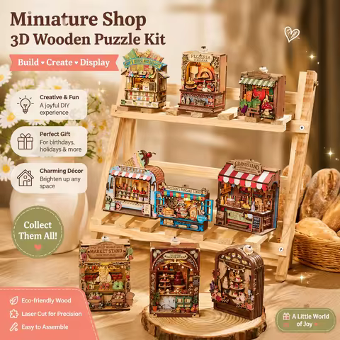 Asloonsnail 3D Wooden Puzzle Mini Shop Model DIY Building Kit Fridge Magnet Home Decor Ideal Housewa