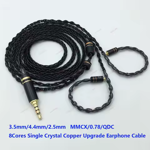 HIFI 8 Cores Single Crystal Copper Upgrade Earphone Black Cable 2.5mm 3.5mm 4.4mm to MMCX 0.78 A2DC 