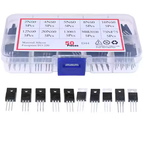 50Pcs 10Types TO-220 Field-Effect Transistor Mosfet Mixed Kit Box 2N60 4N60 5N60 8N60 10N60 12N60 20