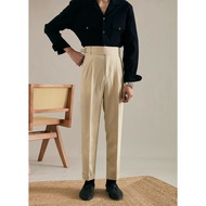 Cream And Gray pants Single buckle gurkha Small Barrel Shape Vintage Style