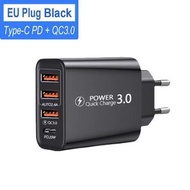 旅行萬能充電器 3USB+Type-C 快充插頭 多國通用 手機平板適用- 歐規黑色 3USB+C