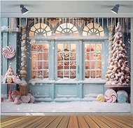 8x6ft Photography Background Winter Christmas Candy Store Window Pink Christmas Tree Children's Day Party Merry Christmas New Year Background Family Portrait Decoration Backdrop Photo Props