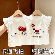 Cotton Cartoon Flutter Sleeve T-Shirt For Baby Girls Cute Printed Summer Casual Tops