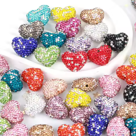 24x18mm 1/3/5pcs Charm Love Heart Shiny Polymer Clay Rhinestone Beads For Jewelry Making DIY Necklac