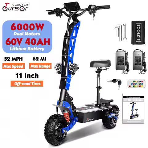 USA Warehouse E8P 6000W Dual Motor 60V 40AH Electric Scooter 11 inch Off-Road Tyres with Seat LCD Di