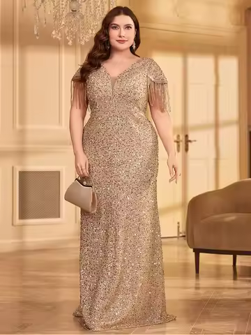 Plus Size Apricot Sequin Luxury Evening Dress 4XL 5XL Big Size Sparkling Prom Banquet Evening Dress