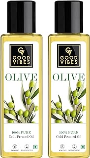 Good Vibes 100% Pure Olive Cold Pressed Carrier Oil For Hair &amp; Skin, 100 ml (Pack of 2) | Helps Strengthen Hair, Moisturizes Skin, Helps Reduce Wrinkles &amp; Fine Lines, No Alcohol, Parabens &amp; Sulphates