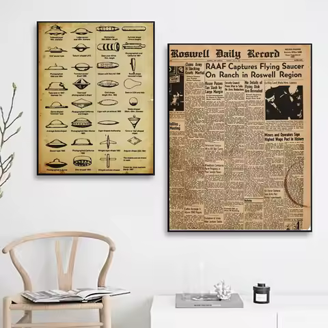 Roswell UFO Incident 1947 Newspaper Print Ufology Poster UFO Identification Chart 1967 Canvas Painti