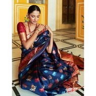 [Ready SG Stock] Blue Cotton Silk Woven Ethnic Motifs Saree with attached Blouse Material - Indian s