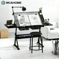 MC&HOME Drafting Glass Table Height Adjustable Drawing Table Extra Side Drawers with Leather Stool
