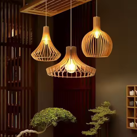 Pumpkin Bamboo Lantern Pendant Lamp Retro Restaurant Hanging Light Hand-Woven Lampshades E27 Lightin