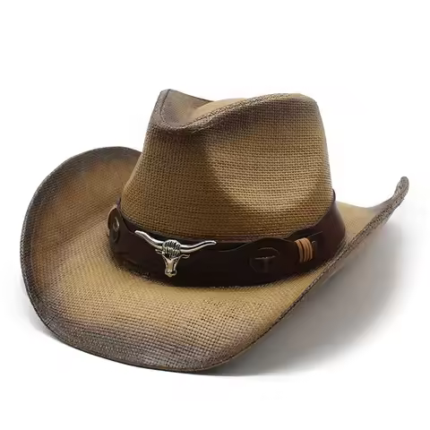 Spring And Summer Man Cowboy Hats Papyrus 57-58cm Cow Head Decoration Sunburn Protection Distressed 