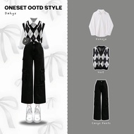 KEMEJA Dahye Teenage Outfit Set (Shirt, Vest, Cargo Pants) One Set OOTD for Women, Trendy Korean Sty