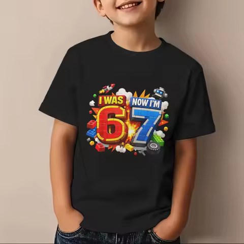 Kids Short Sleeve T Shirt I Was 6 Now Im 7 Building Block Number Graphic Print O-Neck Fun 7th Birthd