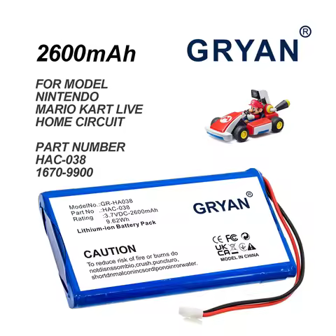 GRYAN 2600mAh 9.62Wh Game Cons Battery For Nintendo Mario Kart Live Home Circuit HAC-038 1670-9900