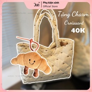 [Free Croissant Charm] Women's tote bag embroidered with a puffy bow, wide, lightweight form with bu