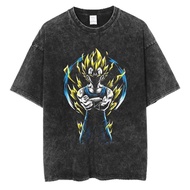 Ready Stock New Washed Retro Street Hip Hop Anime, Dragon Ball Cartoon Printed Dark Short-sleeved Lo