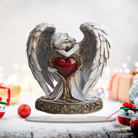Boho Style Acrylic Angel With Heart Desk Ornament With Stand Ideal For Home, Christmas & Valentine's