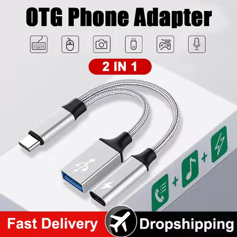 OTG Phone Adapter 2 in 1 USB Charging Cable Splitter for iPhone 15 Xiaomi Huawei Samsung MacBook Pro