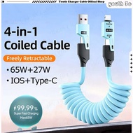 Coil Spring Telescopic USB/Type C Car Charger Cable 65W+27W Fast Charging Data Cable 4-in-1 Free Str