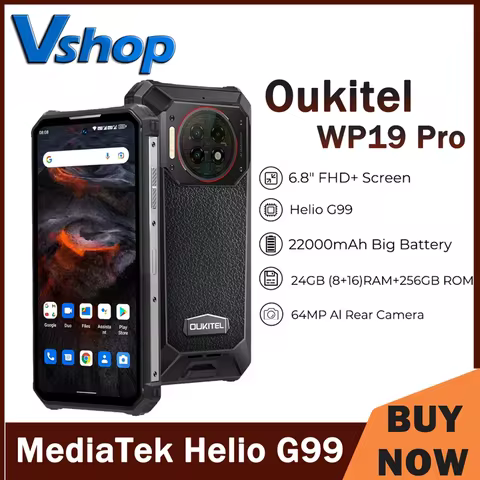 Oukitel WP19 Pro Rugged Phone 8GB+256GB 6.8inch FHD+ 64MP Camera 22000mAh MediaTek Helio G99 120Hz N