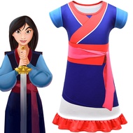 Kids Girls Movie Anime Mulan Princess Superhero Short Sleeves Print Dress Outfit Christmas Role Play