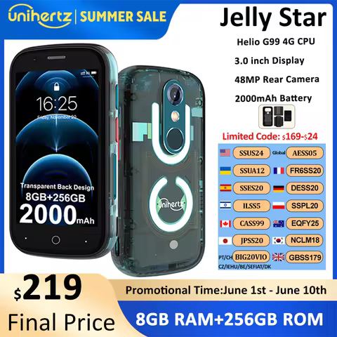 Unihertz Jelly Star Android 13 8GB 256GB Led Light Unlocked Transparent Backshell 48MP 3 inch 2000mA