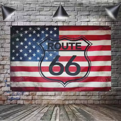 Route 66 Motorcycle Biker Rider Retro USA Flag Banner Art Home Decoration Hanging Flag 4 Gromments I