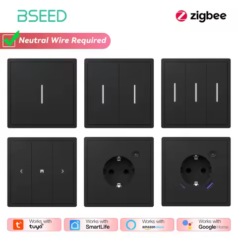 BSEED Zigbee Button Switch 1/2/3/4Gang 2Way Smart EU Socket Plastic Panel Smart Click Switch Tuya Sm