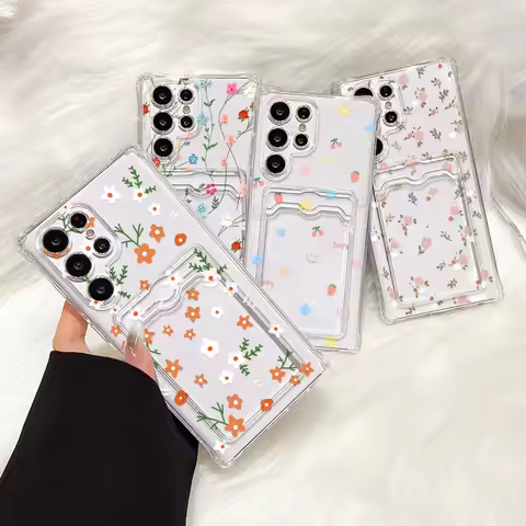 Card Holder Flower Phone Case For Samsung Galaxy S25 Ultra S24 FE S23 Plus S22 A06 A05s A05 Silicone