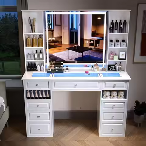 Modern Vanity Set with Lighted Mirror,Extra Large Mirror Makeup Vanity Table with 9 Drawers,European