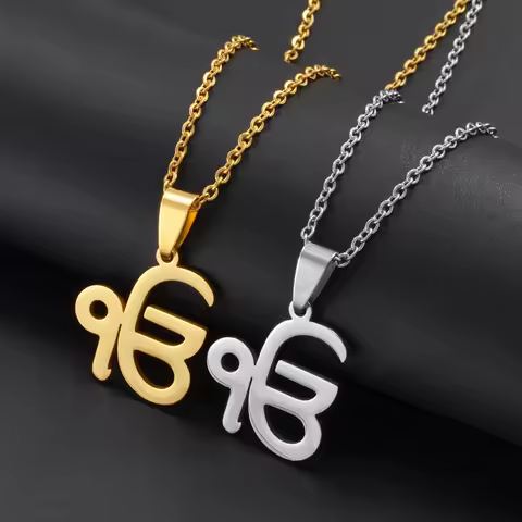 Anniyo 45CM Ik Onkar Chain Sikhism Symbol Religion Khanda Pendant Necklaces Sikkhi Sikh Punjab Jewel