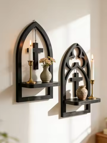 Gothic Wooden Wall Shelf with Hanging Cross, Cathedral Arch & Coffin Shape Floating Candle Holder, D