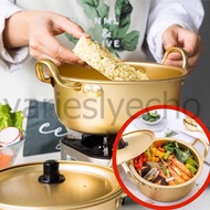 Korea Ramen Noodles Pot Full Set,Gold Aluminum Soup Pot Cooking Multi-purpose Cookware Non Stick Pan Stockpot Kitchenware Yellow Pot + Omelette + Insulation Gloves + Pot Mat + Spoon &amp; Chopsticks for Induction Cooker/Gas Stoves