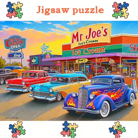 2000/1314/1000/520pcs Jigsaw Puzzles - Vintage Ice Cream Shop & Classic Cars Retro Design, Challengi