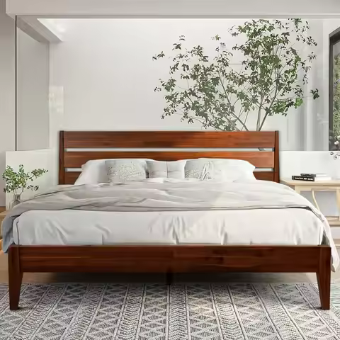 Acacia Emery Bed Frame with Headboard Solid Wood Platform Bed, King Size Bed Frame, Mid - Century Mo