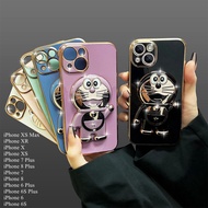 For iPhone XS Max/iPhone XR/iPhone 7 Plus/8 Plus/iPhone 6 Plus/6S Plus/iPhone 6/6S Luxury Cartoon Doraemon Bracket Glitter Plating Camera Protection Phone Case Soft TPU Back Cover