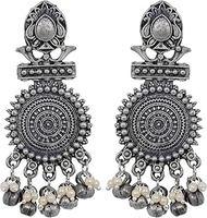 Indian Antique with Silver Polish Oxidized Traditional Boho Gypsy Tribal Bollywood Afghani Fashion Handmade Ghungroo Dangle Jhumka Earrings D-225E, Metal, afghani