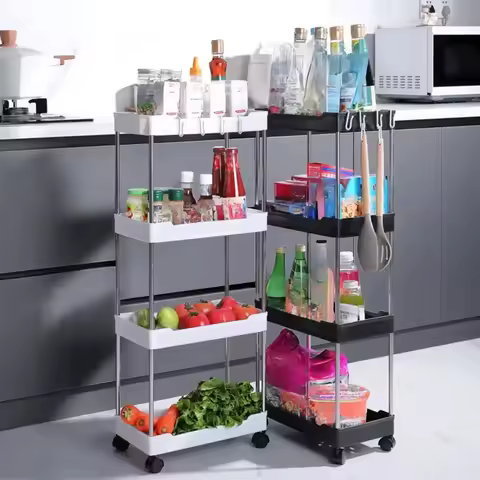 3-Layer / 4-Layer Narrow Side Trolley Storage Rack, Wheel, Floor Seam Storage Rack, Bathroom, Kitche
