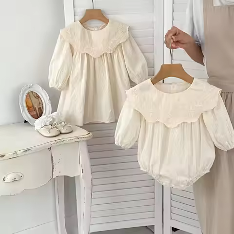 2026 Autumn Princess Infant Baby Girl Bodysuit Sisters Dress Flower Embroidery Dress For Infant Sibl