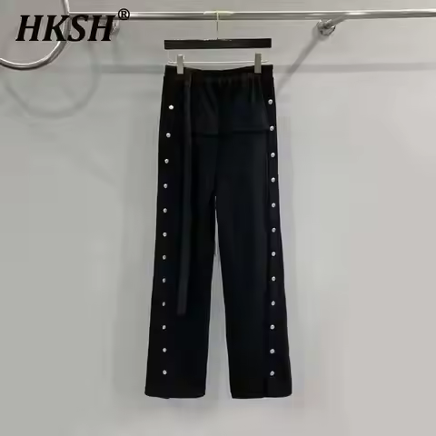 HKSH Men's Tide Punk Dark RO Double Line Large Size High Street Buckle Split Wide Leg Pants Men's Ca
