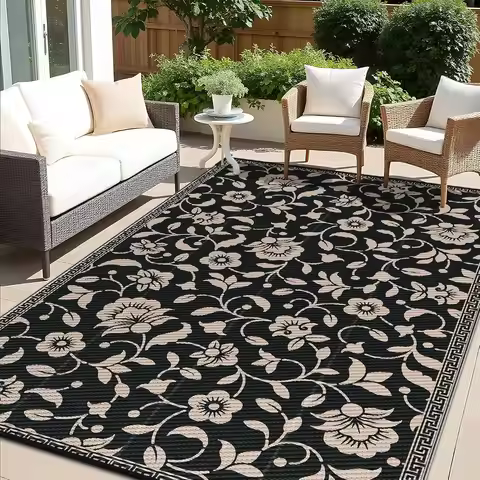 Waterproof Outdoor Rug 6x9 ft, Reversible Plastic Straw Mat with Flower Pattern for Patio, Camping, 
