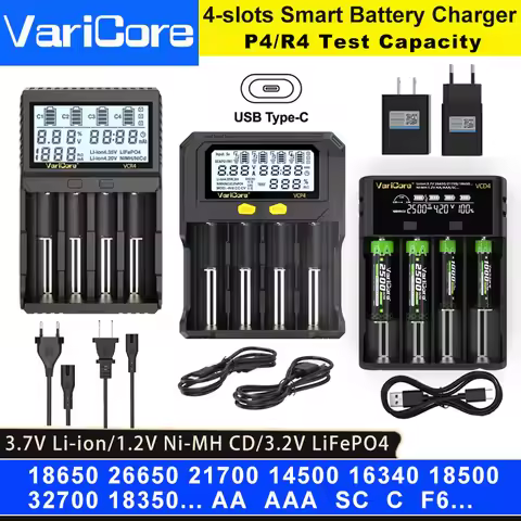 VariCore 4-slots LCD Smart Battery Charger Test Capacity for 3.7V Li-ion 18650 21700 26650 3.2V LiFe